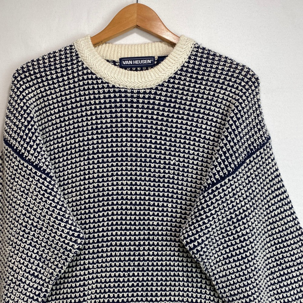 VTG Van Heusen Men Medium Navy Blue Cream Birdseye Heavy Knit Ramie Cotton Sweat
